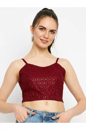 BRINN Sequined Embellished Shoulder Straps Fitted Crop Top
