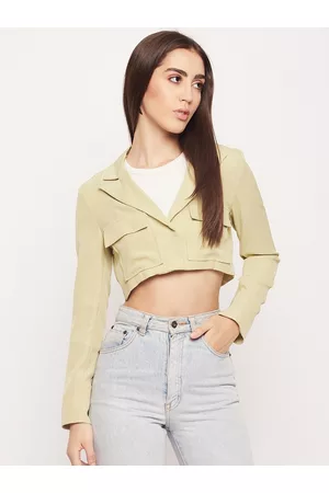 MADAME Women Notched Lapel Collar Cotton Single-Breasted Cropped Blazer