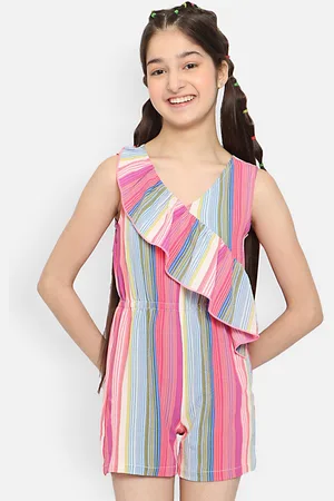 Natilene Girls Striped V Neck Sleeveless With Ruffles Jumpsuit