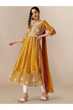 HERE&NOW Floral Lucknowi Chikankari Embroidered Georgette Anarkali Kurta with Dupatta