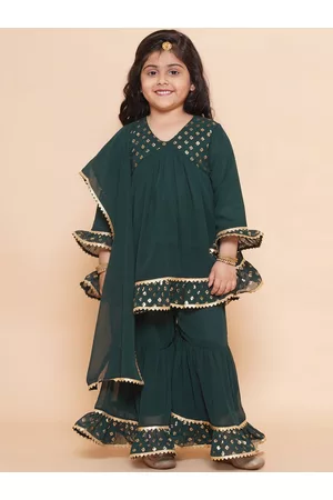 AJ DEZINES Girls Ethnic Motif Printed Empire Gotta Patti Kurti with Sharara & Dupatta