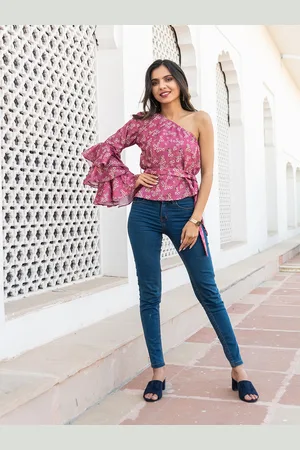 Kohsh Floral Printed One Shoulder Flared Sleeve Pure Cotton Top
