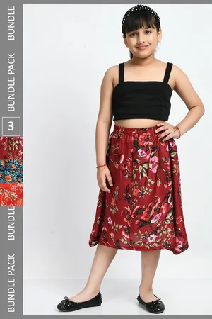 IndiWeaves Girls Pack Of 3 Floral Printed Crepe Midi Skirts