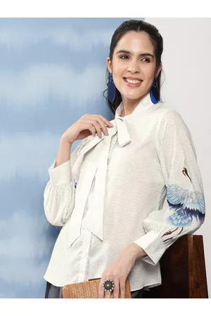 Bhama Couture Conversational Printed Tie-Up Neck Shirt Style Top