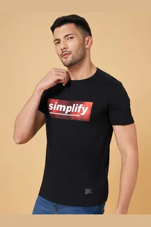 PEOPLE Black Typography Printed Cotton Slim Fit Casual T-shirt