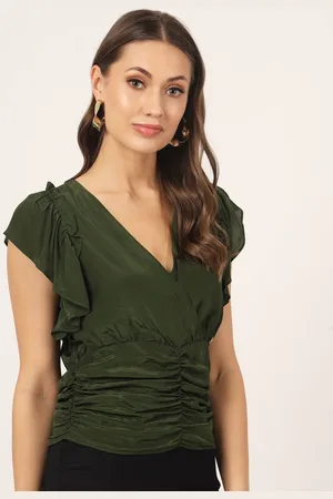 BEATNIK V-Neck Flutter Sleeves Ruched Satin Wrap Top