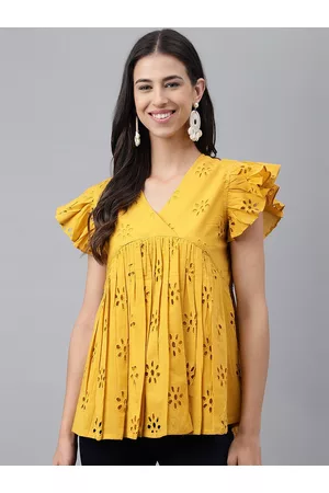 Janasya Mustard Yellow Self Design Flutter Sleeve Cotton Empire Top