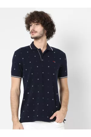 Mufti Men Navy Blue Printed Polo Collar Slim Fit T-shirt