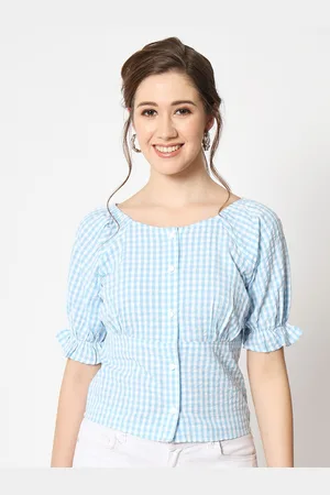 CHARMGAL Checked Button Down Ruffled Sleeve Top