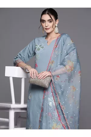 Indo Era Women Floral Embroidered Regular Sequinned Kurta with Trousers & With Dupatta