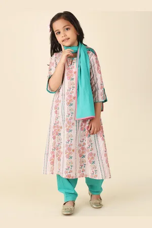 Fabindia Girls Floral Printed Pure Cotton Kurta with Salwar & Dupatta