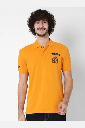 Mufti Men Mustard Yellow Polo Collar Applique Slim Fit Pure Cotton T-shirt