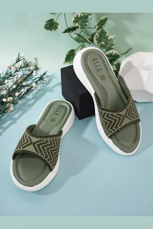 Elle Women Green & White Embellished Sliders