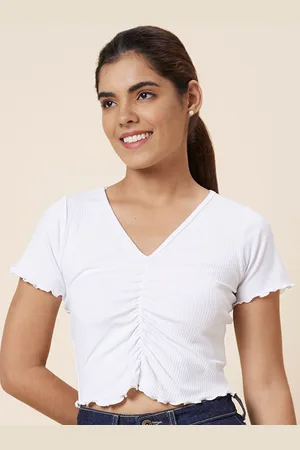 Globus White V-Neck Ruched Crop Top
