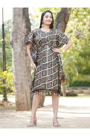 Kesarya Brown Ethnic Motifs Print Kaftan Dress
