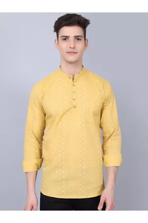 Majestic Geometric Printed Band Collar Pure Cotton Short Kurta