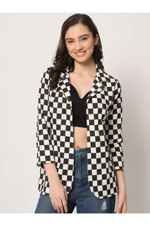 HERE&NOW White & Black Checked Cotton Open Front Casual Blazer