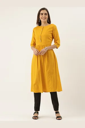Ethnovog Women Yellow Solid TENCEL High Neck A-Line Made to Measure Kurta