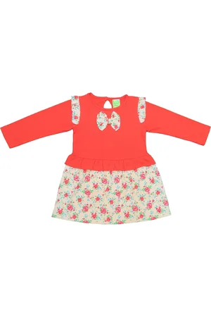 Clothe Funn Girls Floral Printed Bow Detail Cotton Peplum Dress