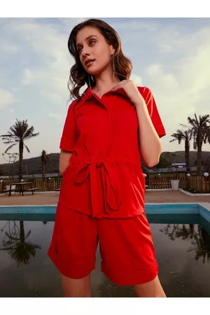 ATHENA Women Red Tie-Up Waist Shirt & Shorts