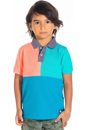 Cherry Crumble Unisex Kids Coral & Turquoise Blue Colourblocked Polo Collar T-shirt