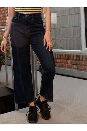 STREET 9 Women Blue Jean Wide Leg High-Rise Dark Shade Pure Cotton Jeans