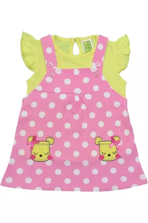 Clothe Funn Girls Polka Dots Printed Cotton Pinafore Dress With Top