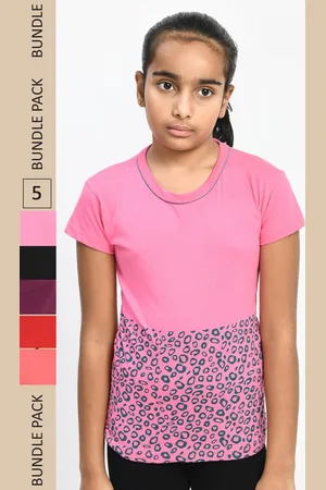 IndiWeaves Girls Pack Of 5 Printed Round Neck Pure Cotton T-shirt