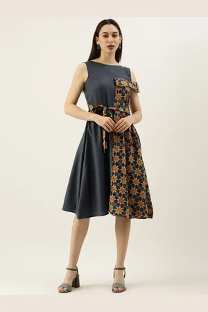 Ethnovog Grey Floral Print Made To Measure Fit Flare Dress