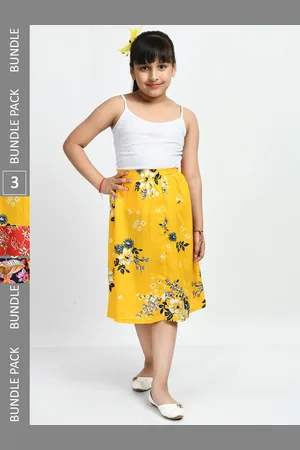 IndiWeaves Girls Pack Of 3 Floral Printed Crepe Midi Skirts