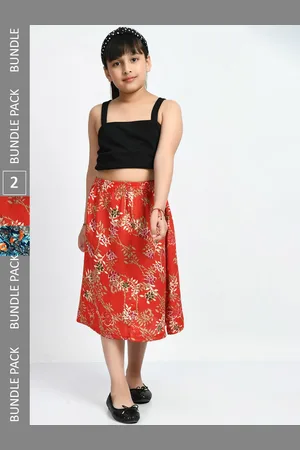 IndiWeaves Girls Pack of 2 Floral Printed Crepe Midi Skirts