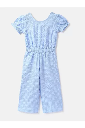 Benetton Girls Self Design Puff Sleeves Basic Jumpsuit