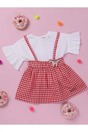 Nauti Nati Girls Bell Sleeves Top with Checked Skirt