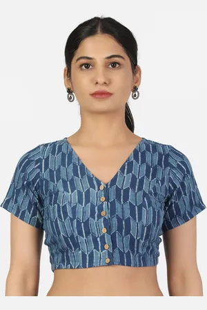Llajja Women Blue Printed Pure Cotton Saree Blouse