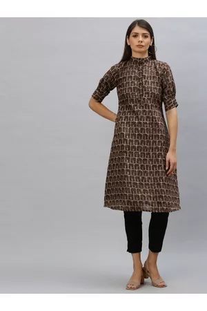Ethnovog Women Brown Beige Printed Made To Measure A-Line Kurta