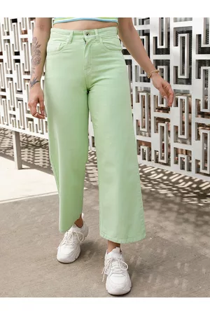 STREET 9 Women Green Jean Wide Leg High-Rise Dark Shade Pure Cotton Jeans