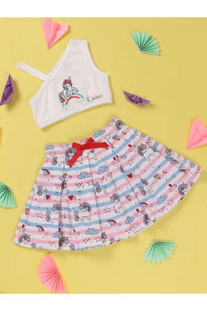 Nauti Nati Girls Unicorn Embroidered One Shoulder Top Printed Skirt With Bow Detailing