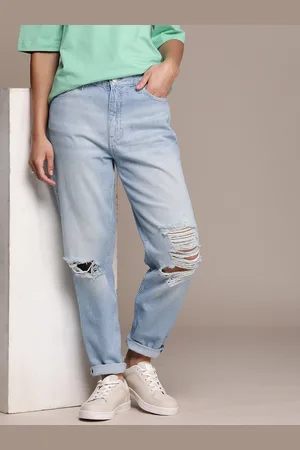 Calvin Klein Women Mom Fit Mid-Rise Highly Distressed Pure Cotton Jeans