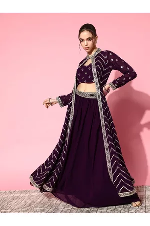Kvsfab Women Purple Ethnic Motifs Embroidered Top With Skirt & With Jacket