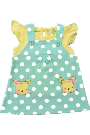 Clothe Funn Girls Polka Dots Printed Cotton Pinafore Dress With Top