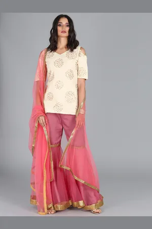 Ethnovog Women Off-White Mauve Embroidered Kurti with Sharara Dupatta