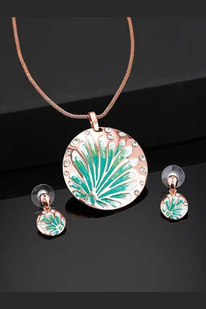 ESTELE Rose Gold Plated Stylish Circular Pendant Set with Green Enamel for Women