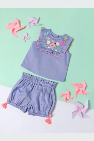 Nauti Nati Girls Embroidered Ruffled A-line Pure Cotton Top with Shorts