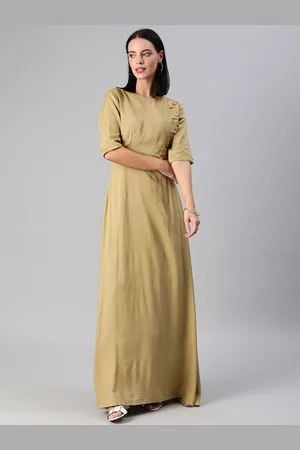 Ethnovog Women Khaki Solid Made to Measure Maxi Dress with Tie-Ups