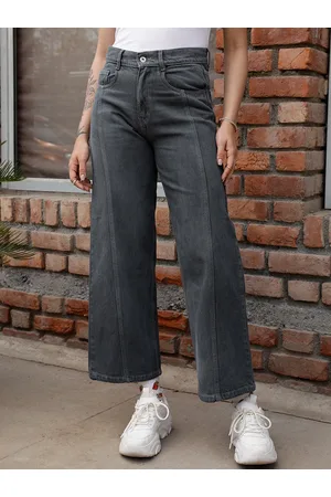 STREET 9 Women Grey Jean Wide Leg Fit High-Rise Clean Look Light Fade Jeans