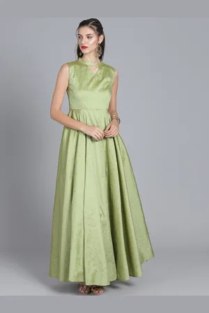 Ethnovog Women Green Woven Design Fit and Flare Made to Measure Maxi Dress