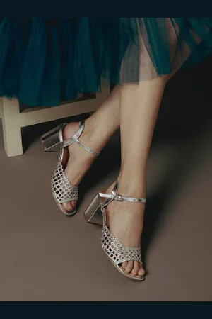 SAINT G. Woven Design Open Toe Leather Block Heels With Ankle Loop