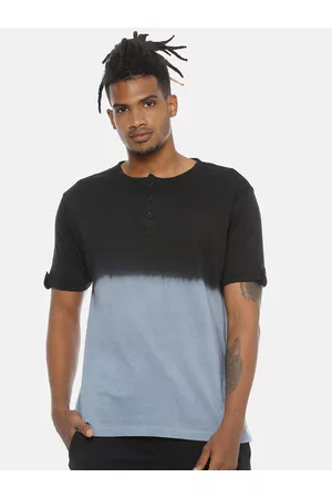 Campus Black & Grey Tie & Dye Henley Neck Cotton T-shirt