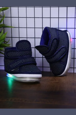 CHiU Kids Navy Blue Printed Textile Mid-Top Slip-On Sneakers With LED