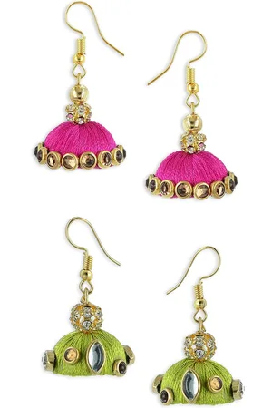 Akshara Clothing Girls Pink & Green Contemporary Jhumka Earrings with Silk Thread Details